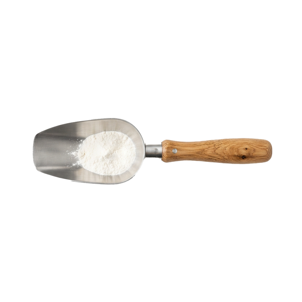 Metal scoop with wooden handle filled with white powdery substance