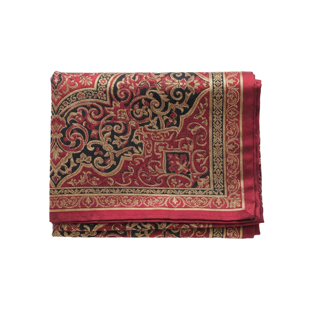 A richly decorated red fabric scarf with intricate gold and black embroidered patterns and a textured border.