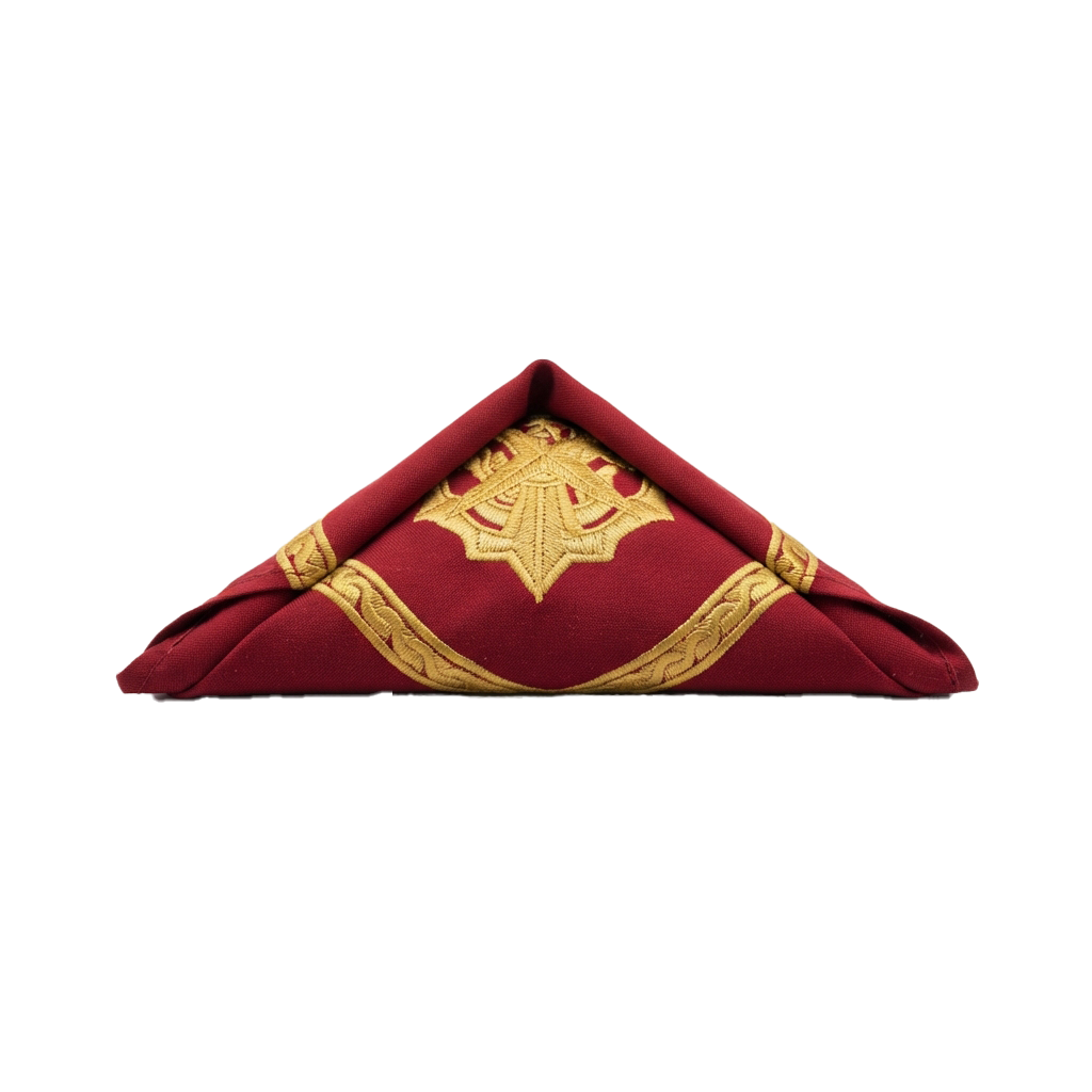 A red triangular ceremonial flag featuring intricate gold embroidered designs and borders