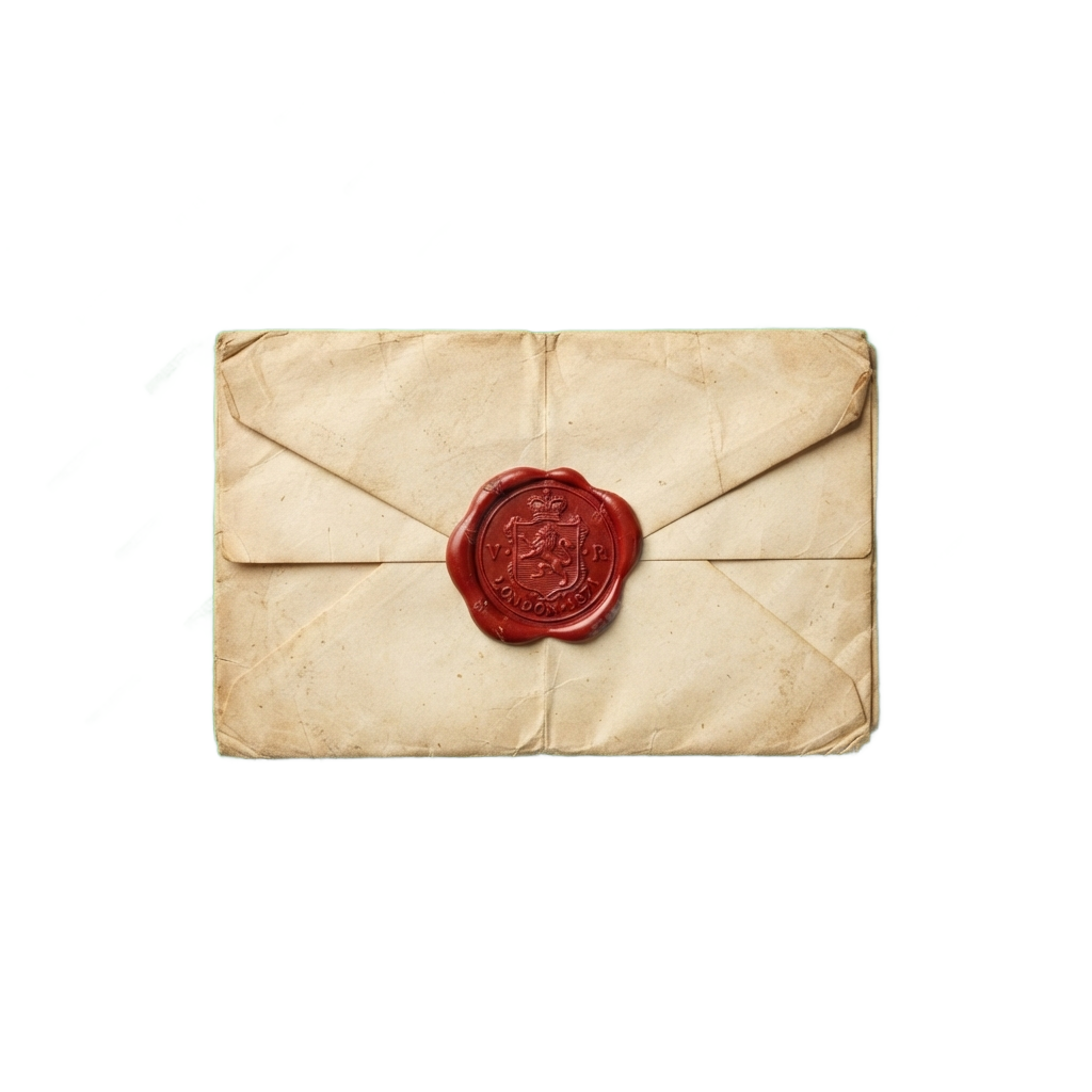 A sealed envelope with a red wax stamp on aged parchment paper against a dark background