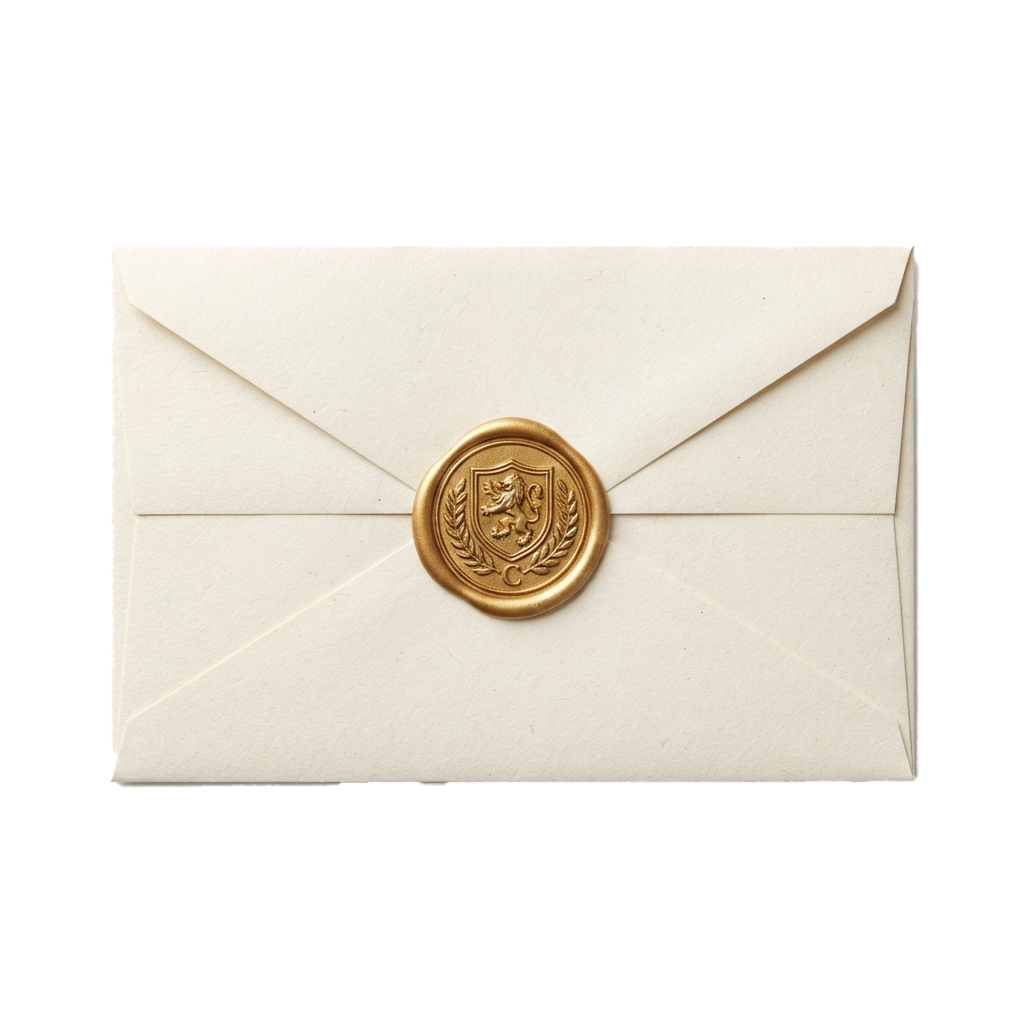 A white envelope sealed with a gold wax stamp featuring a decorative emblem