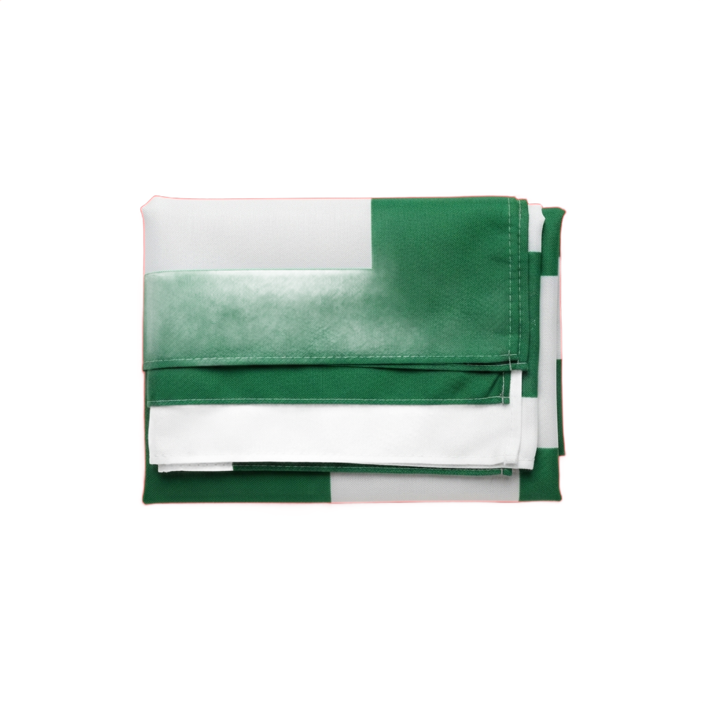 Stack of three folded green and white striped fabric pieces or towels