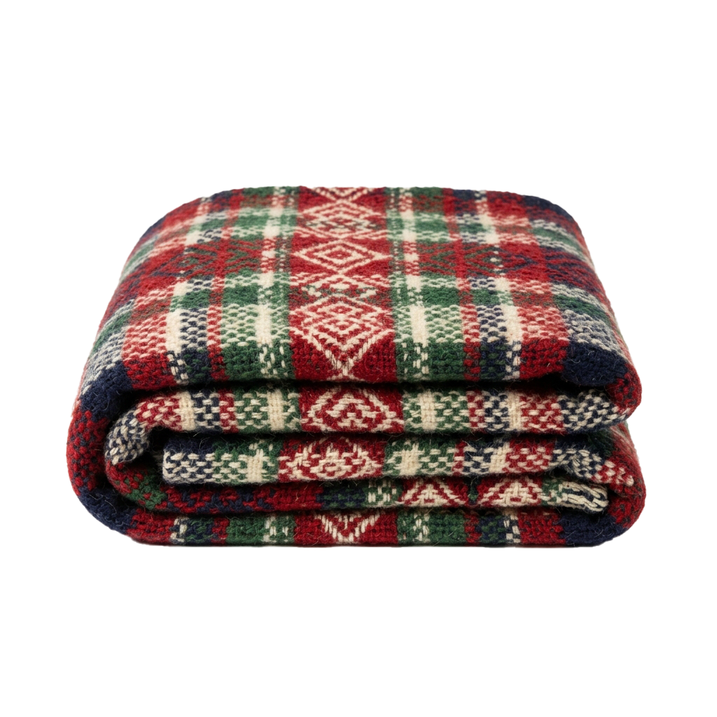 Folded knitted blanket featuring red, green, white, and black geometric holiday-themed plaid design