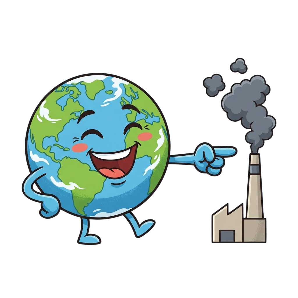 A smiling Earth character pointing at a factory emitting dark smoke into the air