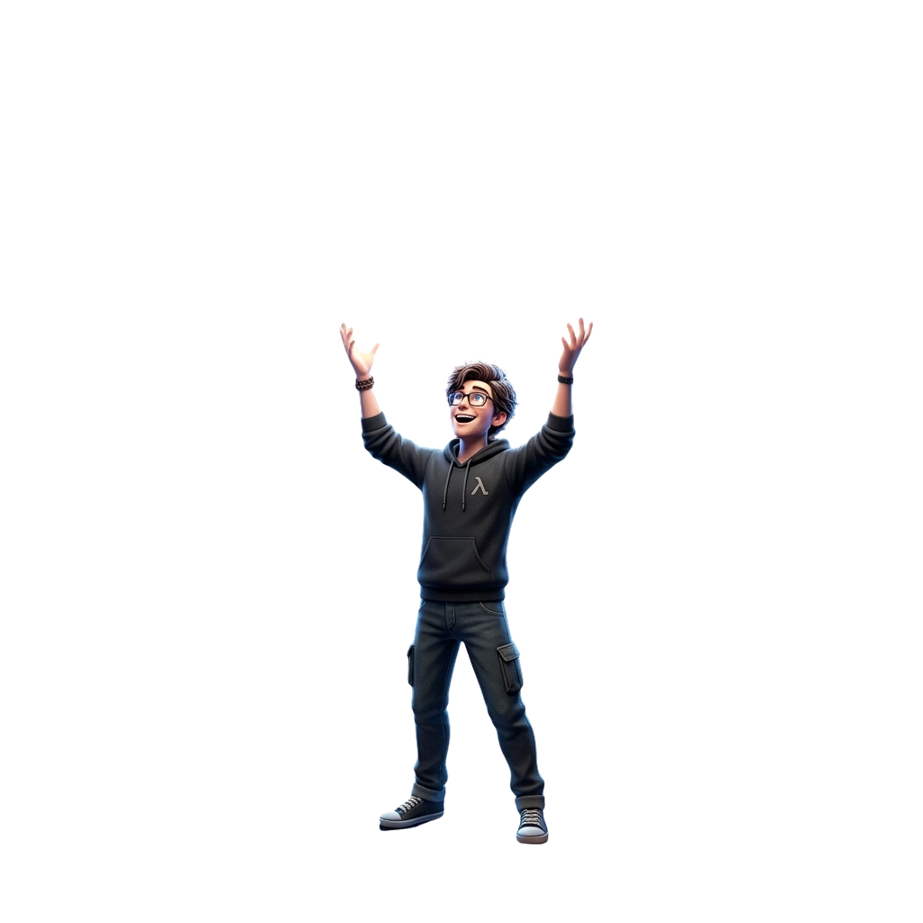 A person with arms raised in a triumphant gesture, wearing glasses, a hoodie, and jeans.