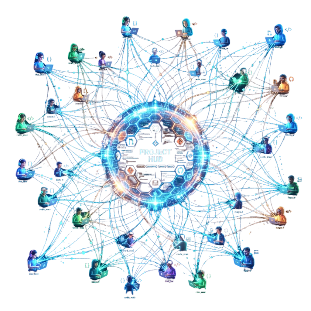 Digital illustration showing interconnected team members linked to a central project hub icon