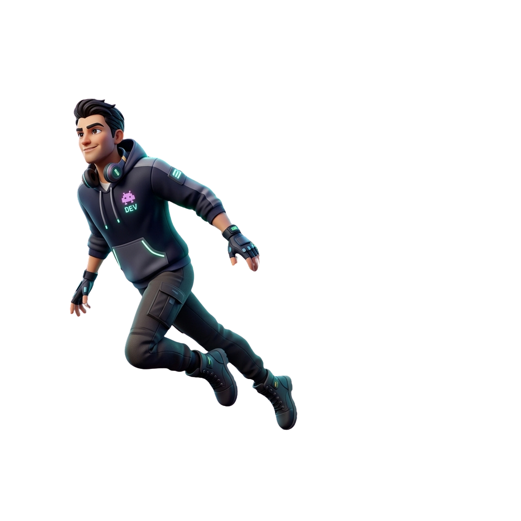 A 3D character wearing a hoodie and headphones jumping mid-air in a dynamic pose.