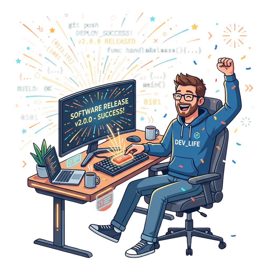 Happy developer celebrating a successful software release on computer with confetti and code elements