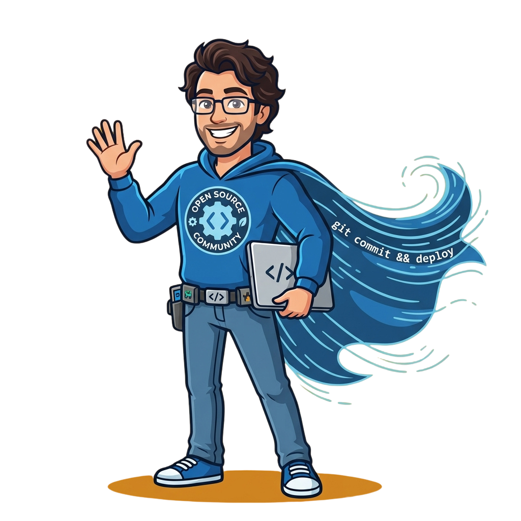 Cartoon character in an Open Source Community hoodie waving, holding a tablet with code, with a blue swirl labeled Git commit and deploy.
