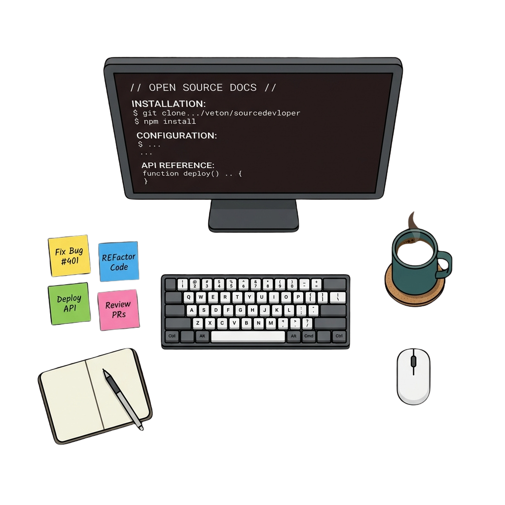 Illustration of a developer workspace with a computer screen showing code, sticky notes with tasks, keyboard, mouse, and coffee cup