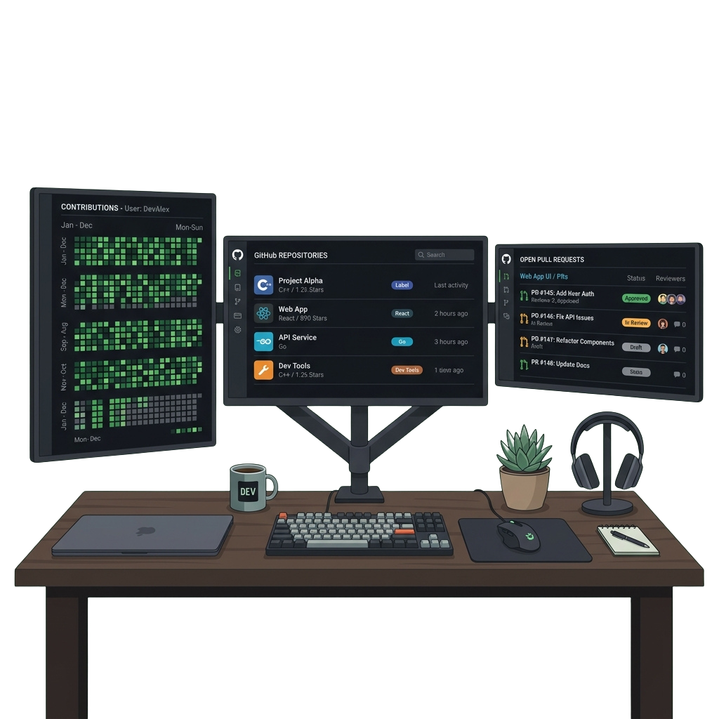 A developer workspace showing GitHub repositories, contributions graph, pull requests, and coding equipment like a keyboard, mouse, and tablet