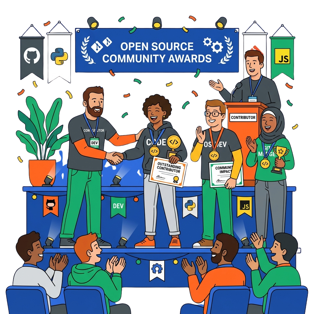 Illustration of developers receiving open source community awards on stage with confetti and celebratory audience