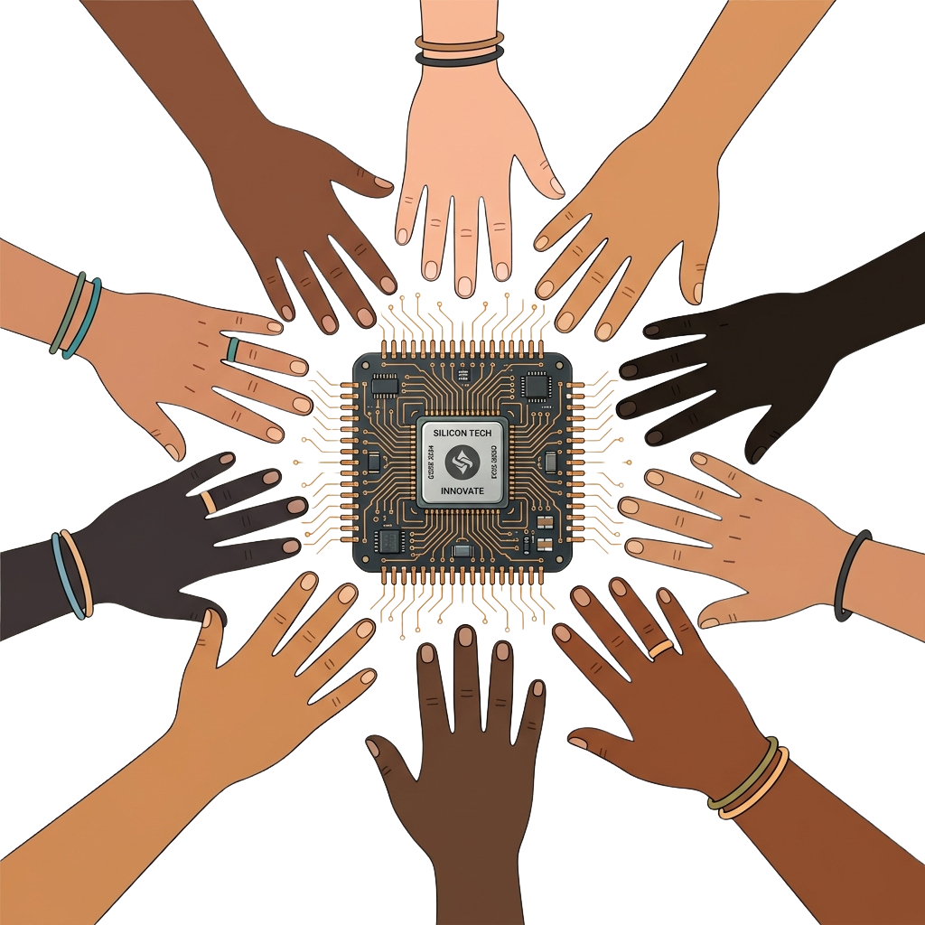 Illustration of multiple hands of different skin tones forming a circle around a microchip labeled Silicon Tech Innovate