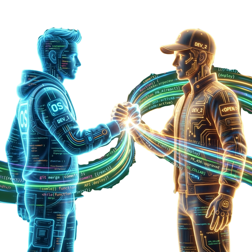 Two digital developer avatars giving a high-five with code and tech elements surrounding them