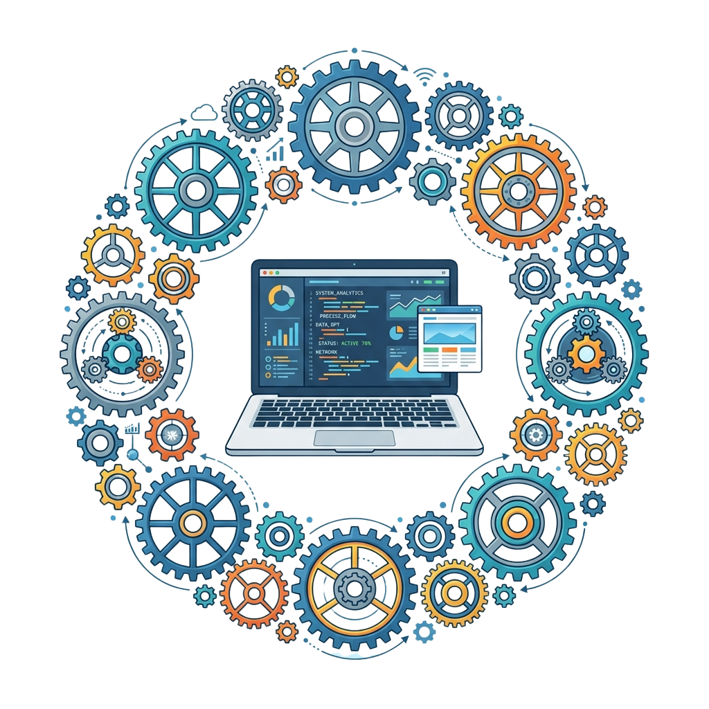Laptop displaying analytics dashboard surrounded by colorful interlocking gears symbolizing data integration and system processes