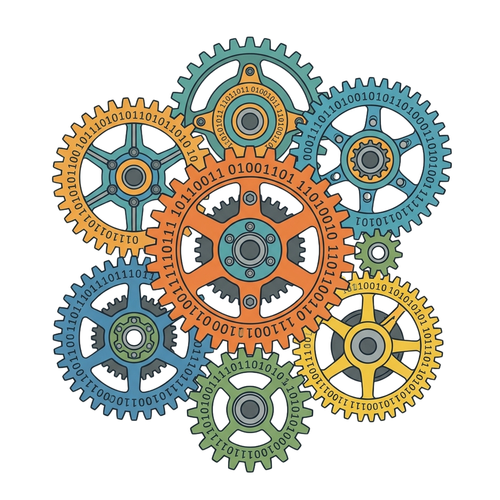 Colorful gears with binary code patterns interlocking together on a dark background