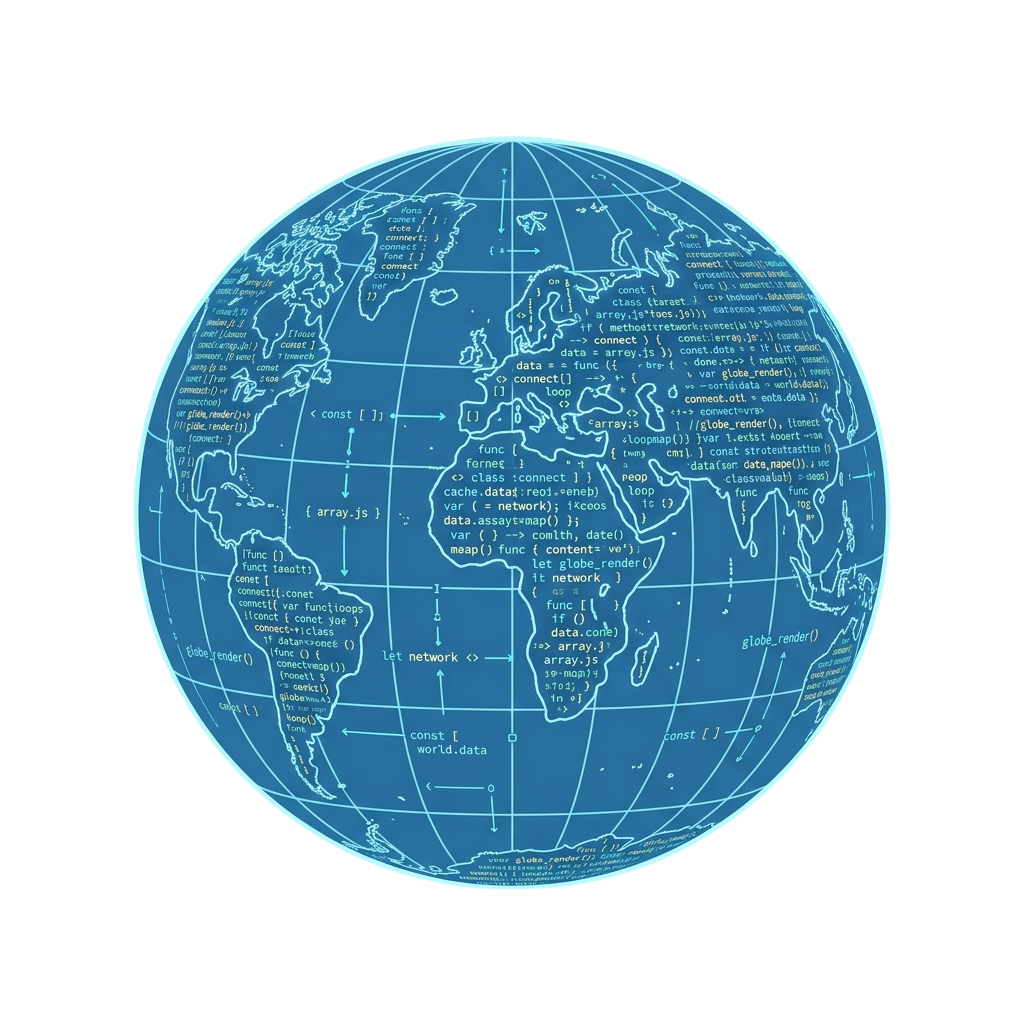 A globe covered with lines of programming code resembling a world map with text overlay