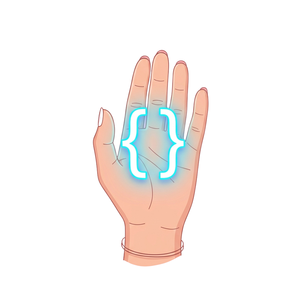 A hand forming a shape resembling JSON curly braces with a glowing blue effect on the fingers.