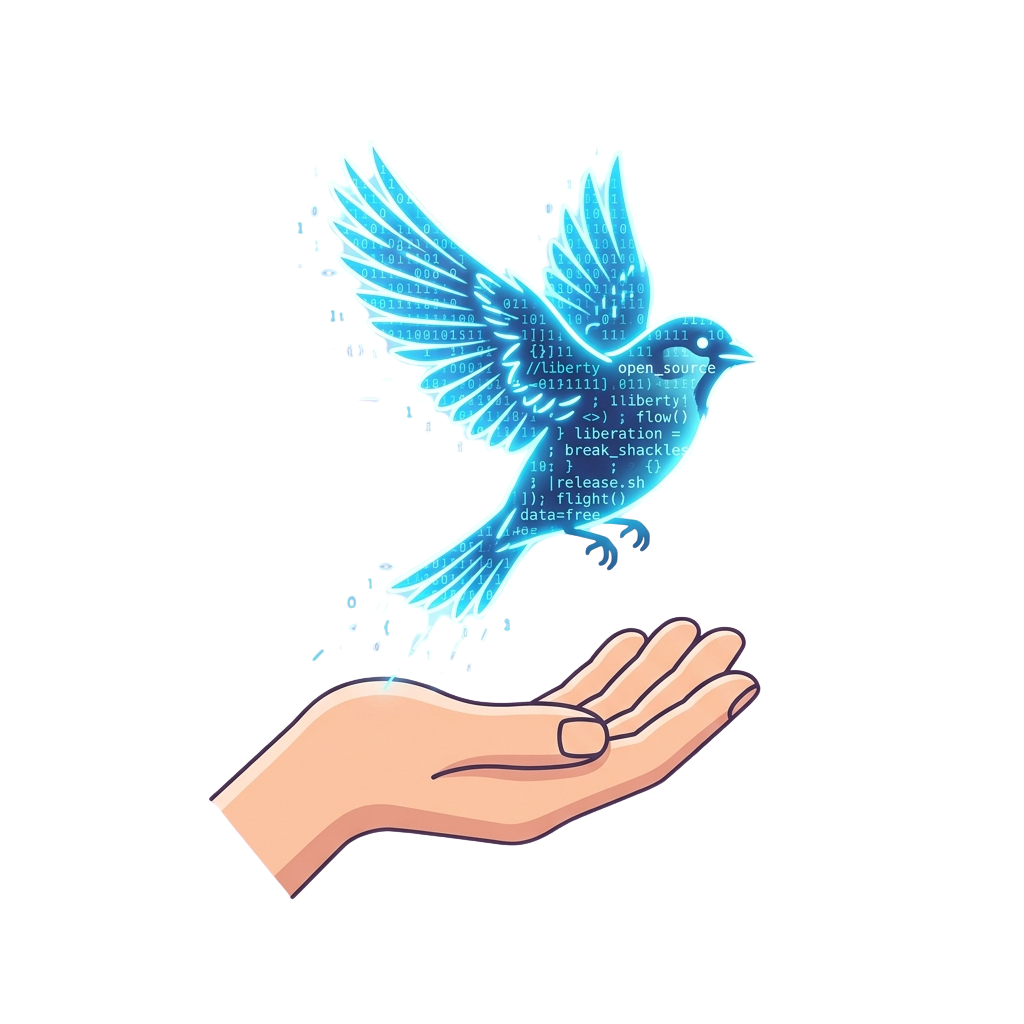 A hand releasing a digital bird made of code symbols into the air, symbolizing freedom and open-source principles