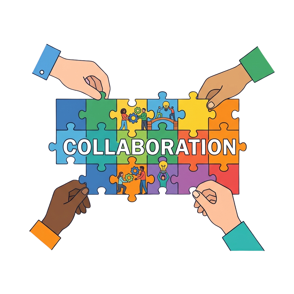 Four hands of different skin tones placing colorful puzzle pieces spelling collaboration with teamwork icons