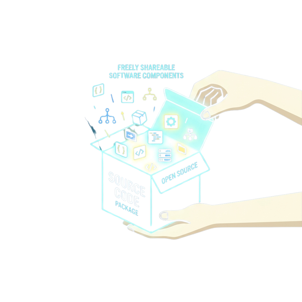 Hands opening a source code package box labeled open source with software icons floating out