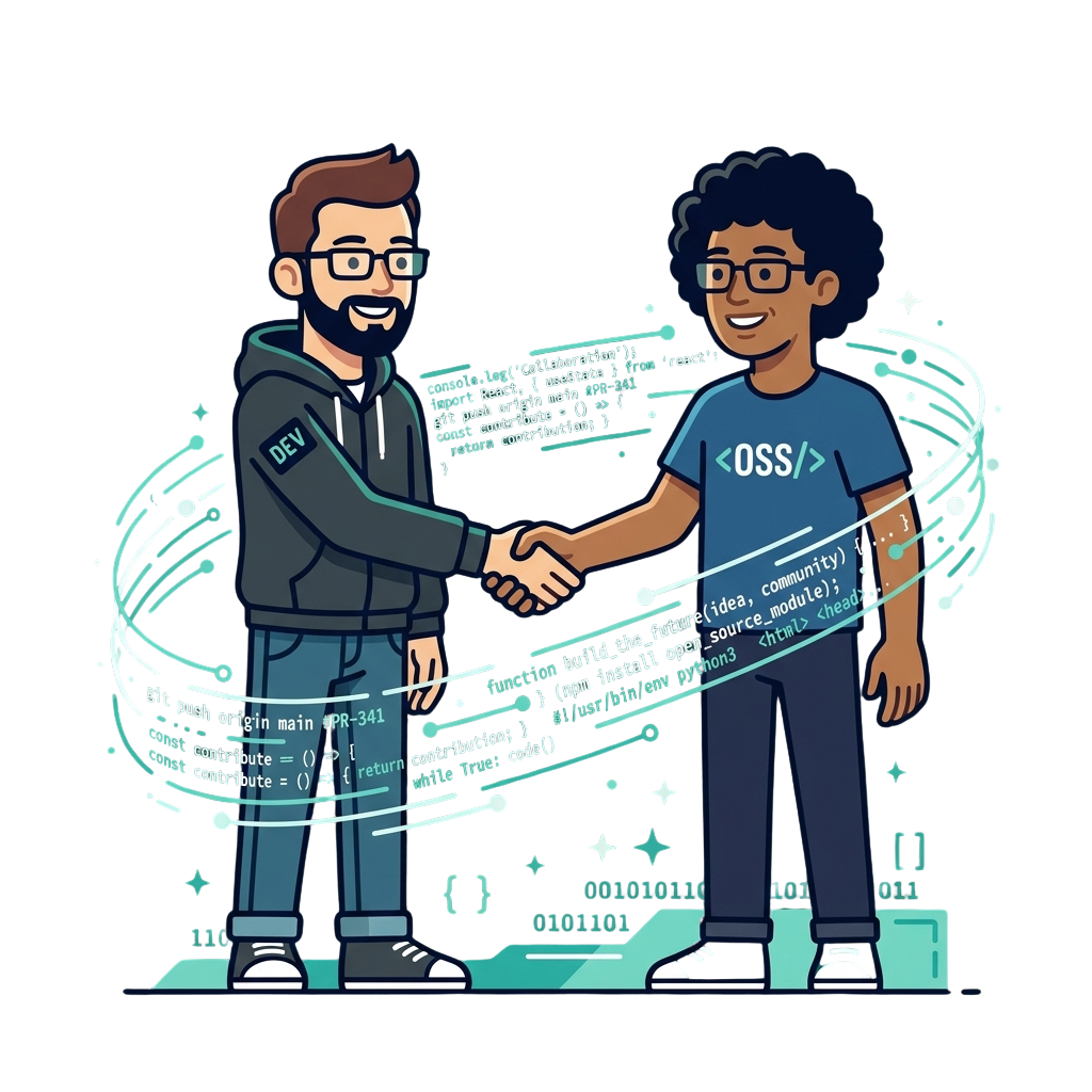 Two developers shaking hands with code and binary data swirling around them, symbolizing collaboration and open source development.