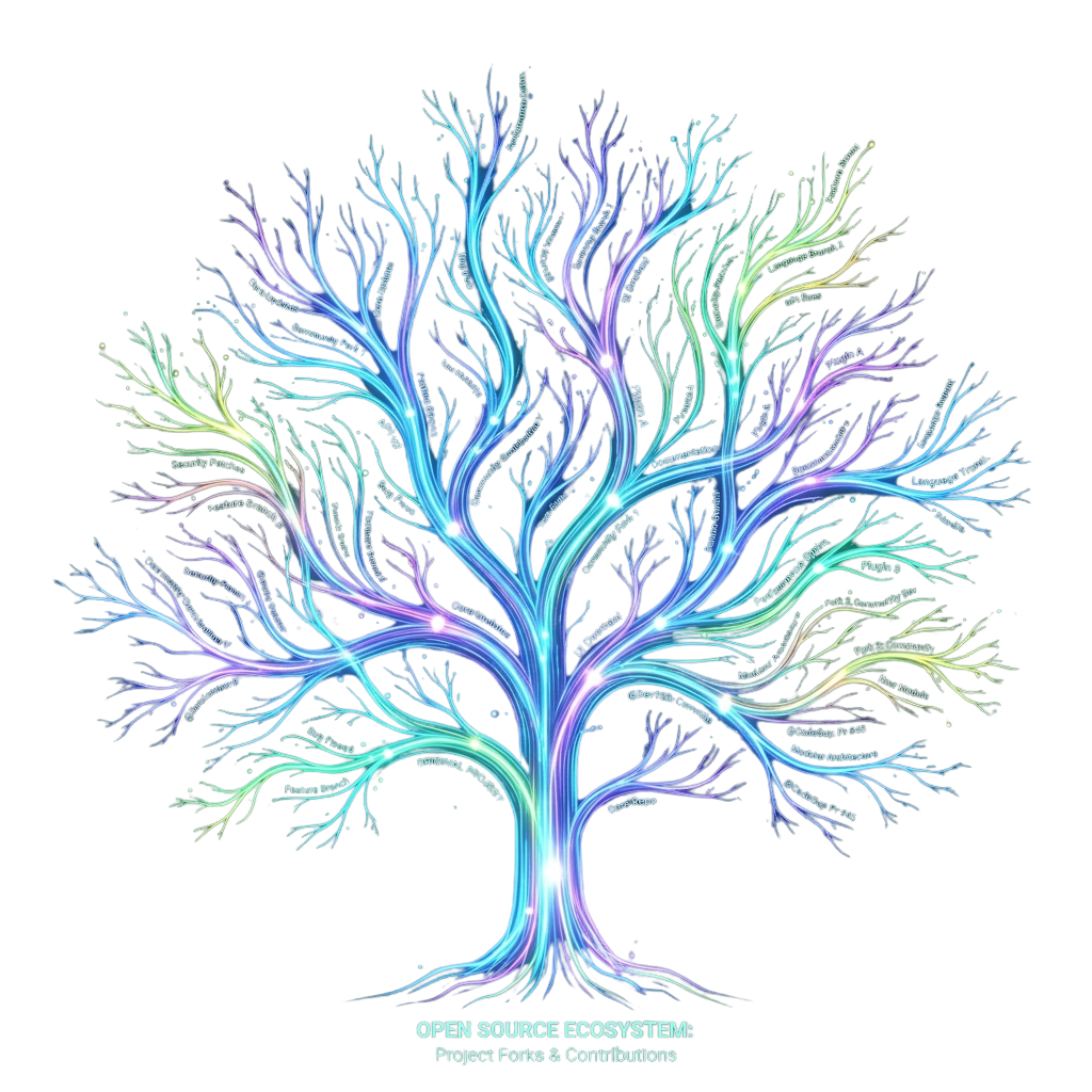 Colorful tree diagram illustrating open source project forks and contributions branching out from a central core repo