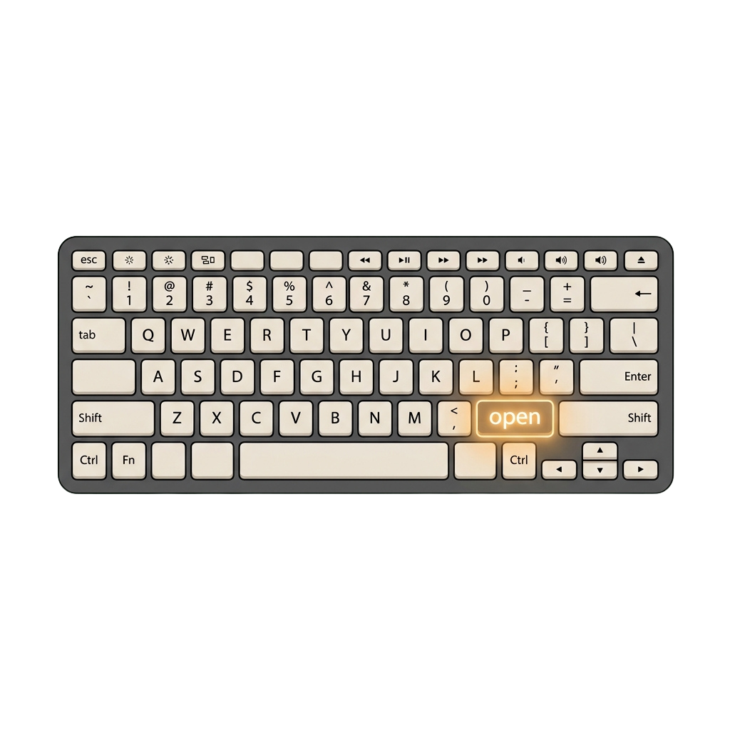 A compact keyboard with white keys and a highlighted open key in the center of the bottom row.
