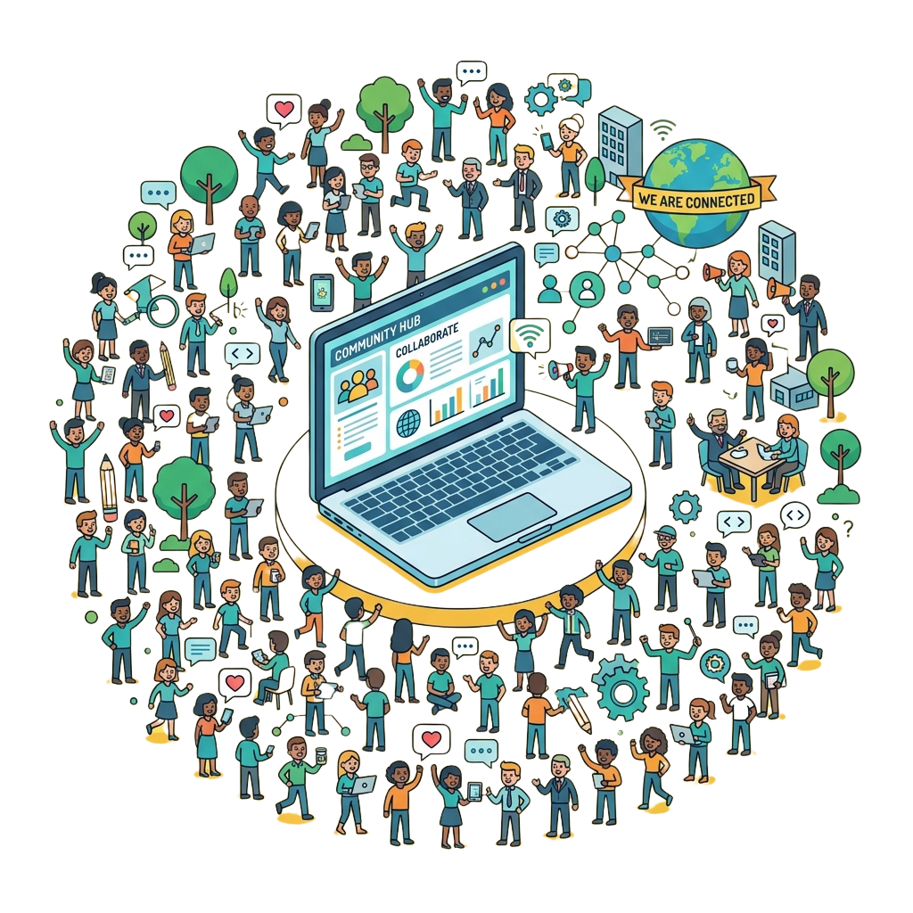 Illustration of diverse people connected via a laptop showing community hub features and global connectivity symbols.