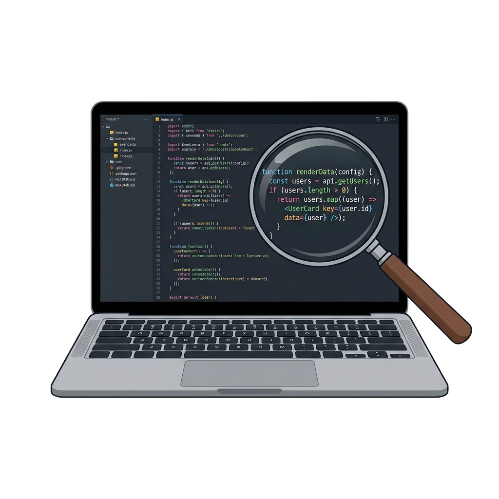 A laptop screen showing JavaScript code with a magnifying glass highlighting a function for rendering user data.