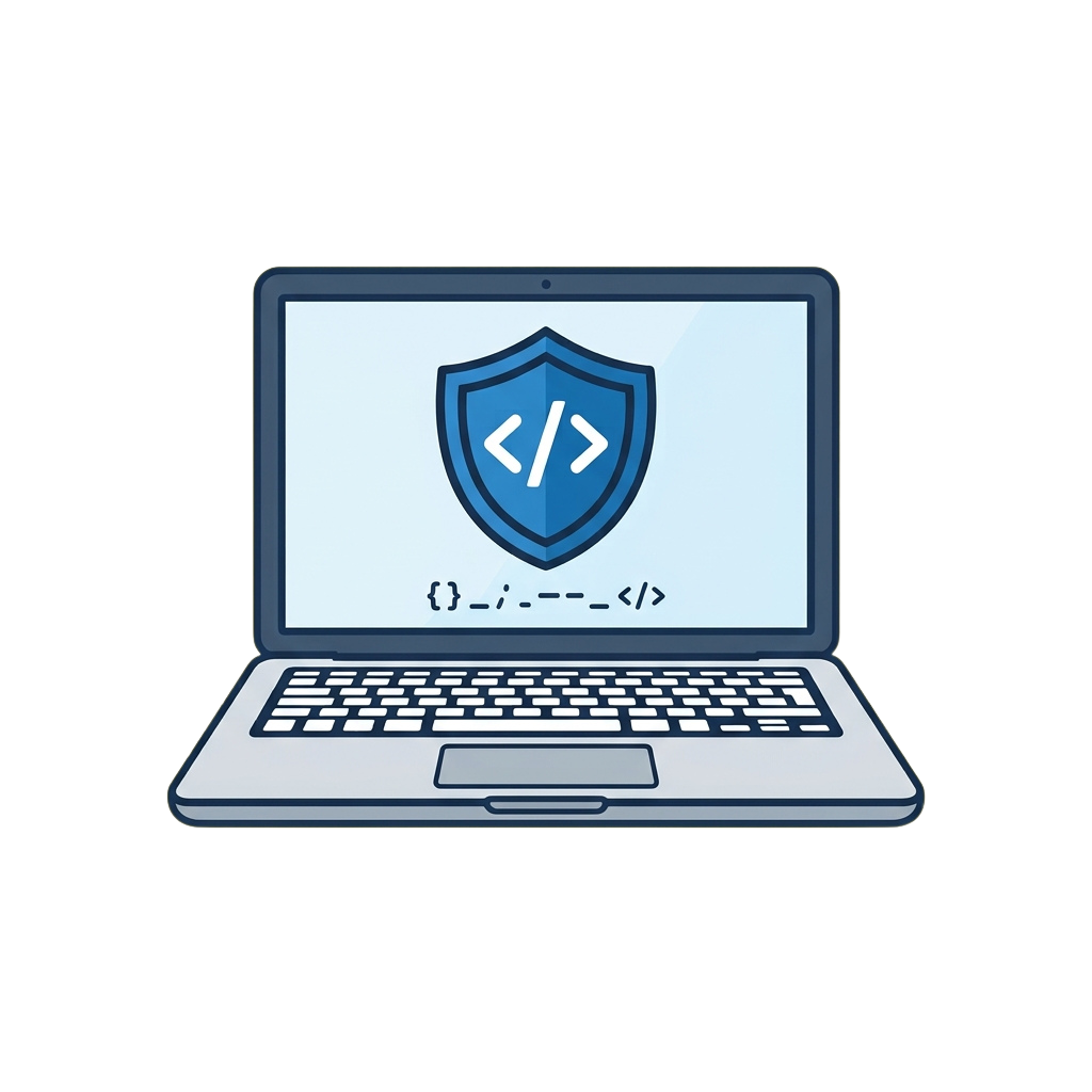 Laptop screen displaying a shield with code brackets symbolizing secure coding practices