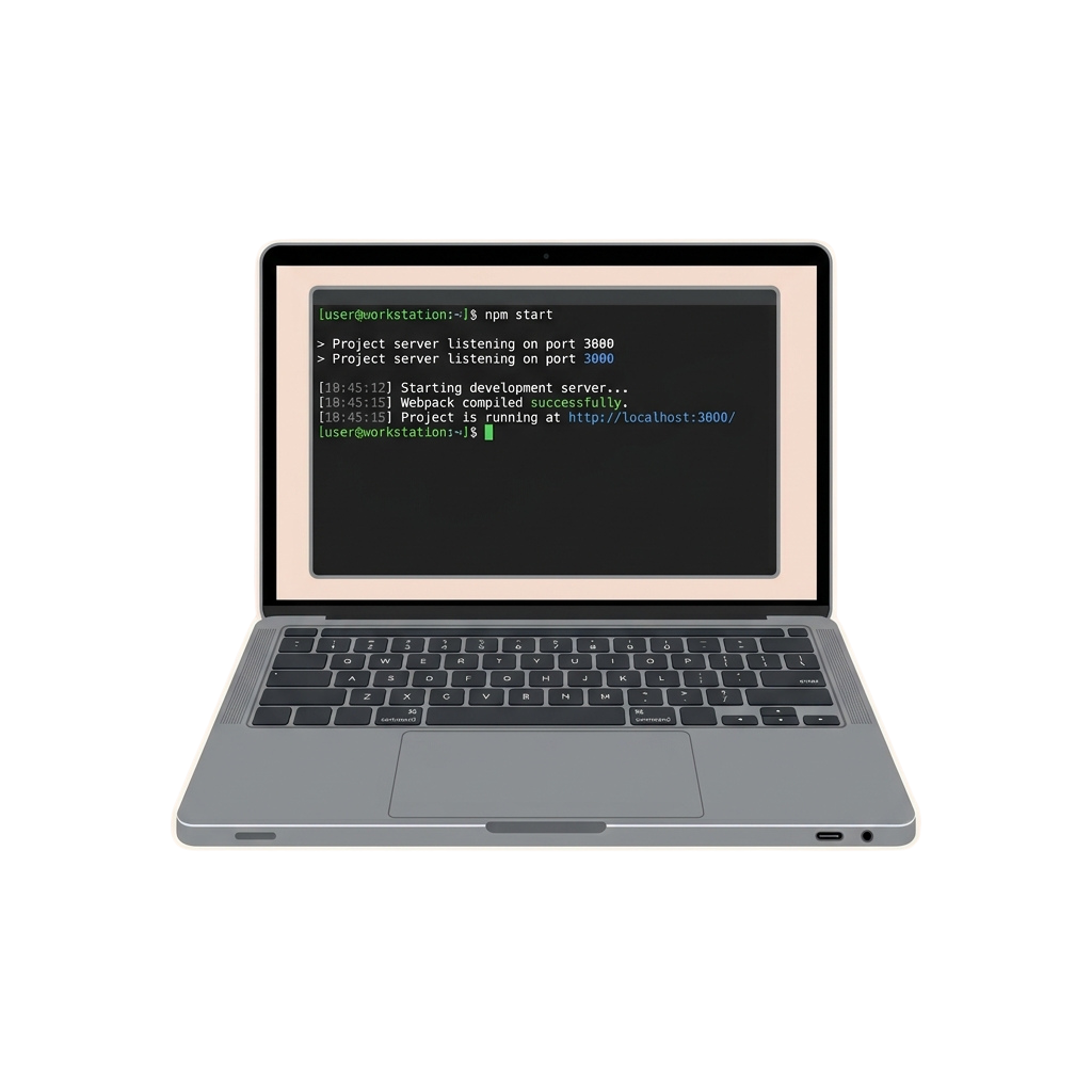 Laptop screen displaying a terminal with a development server running on port 3000 and Webpack compilation success message