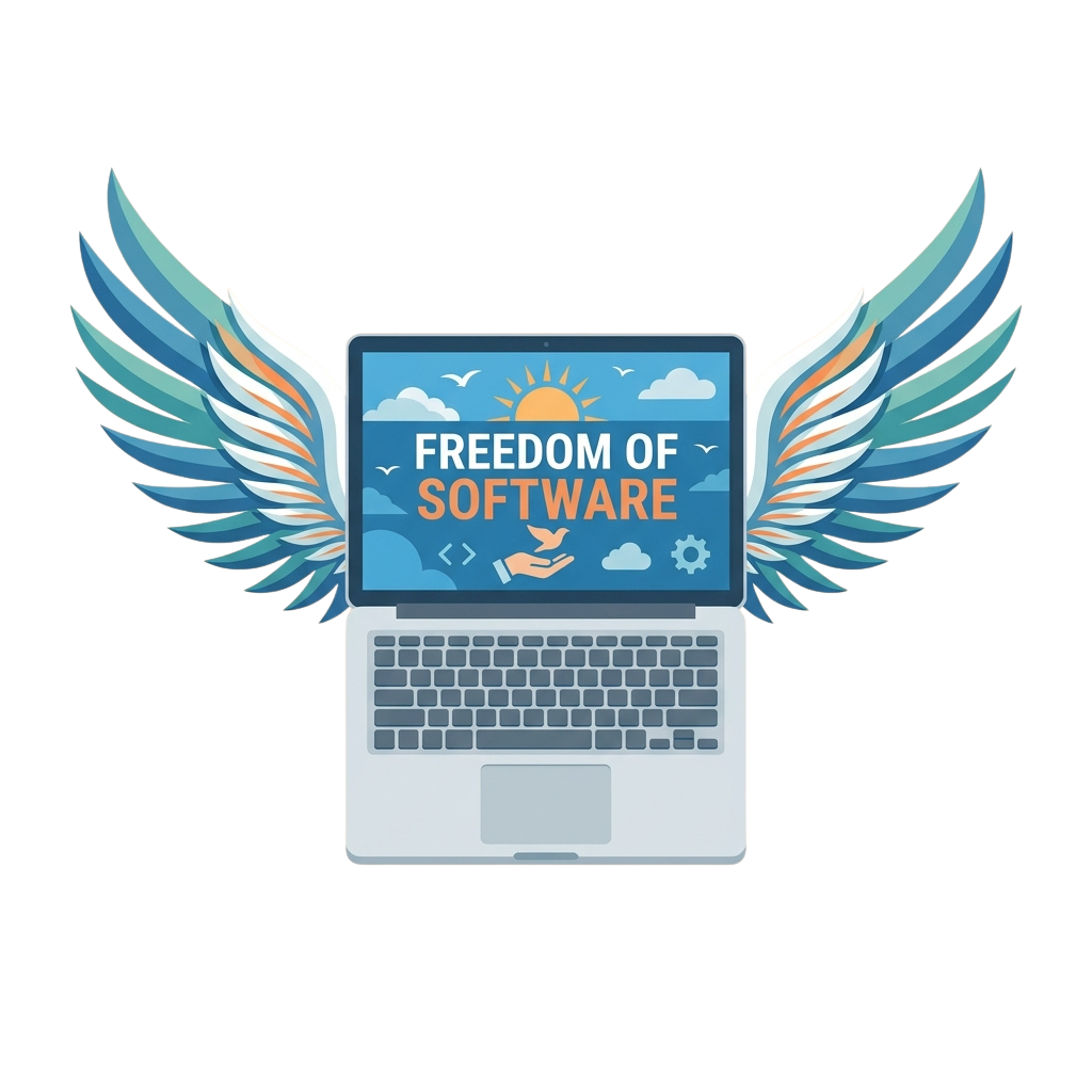 Laptop screen displaying Freedom of Software with wings on each side symbolizing liberty and open-source principles