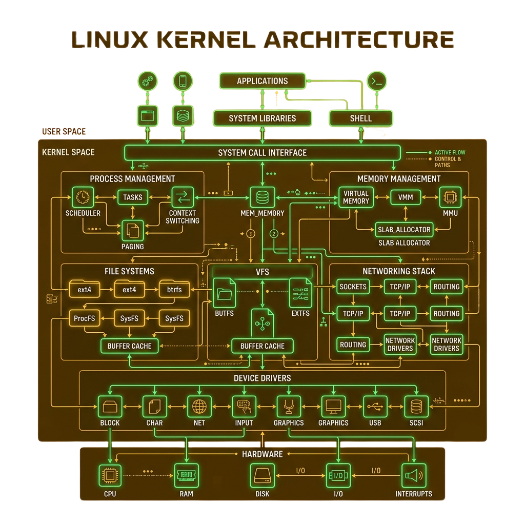 Diagram showing the structure and components of the Linux kernel architecture, including user space, system call interface, and hardware interaction.