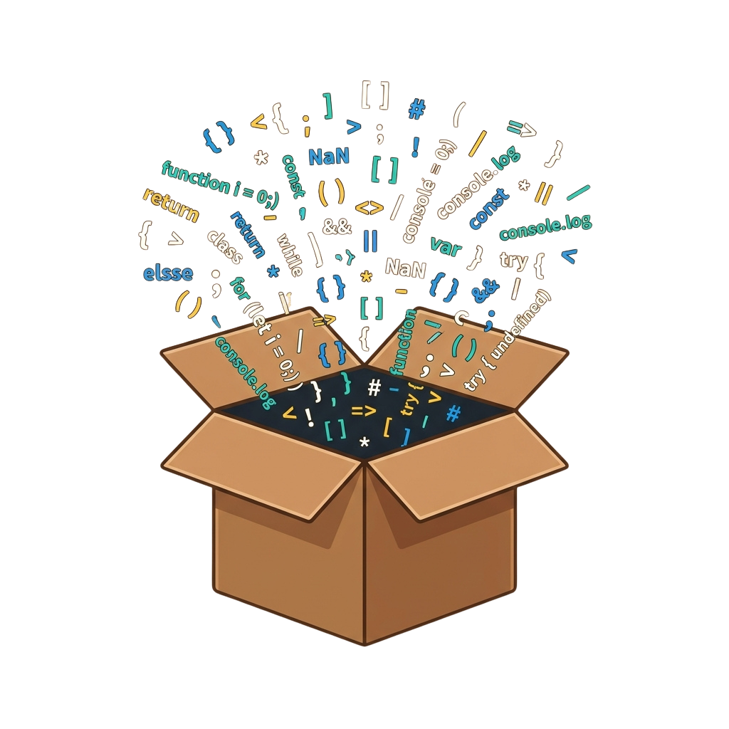 Illustration of an open box with floating code symbols like brackets, functions, and operators.