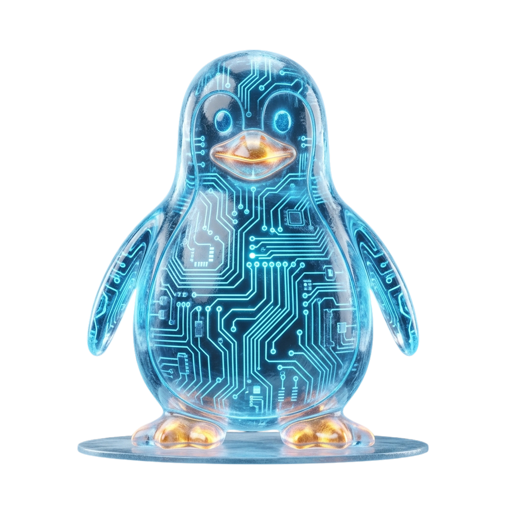 A stylized penguin figure made to look like a transparent circuit board with glowing elements.