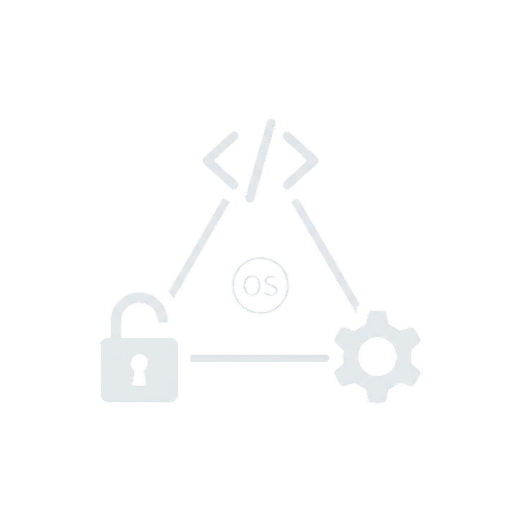 Diagram showing code, a lock, and a gear connected to an OS circle symbolizing security and development in operating systems