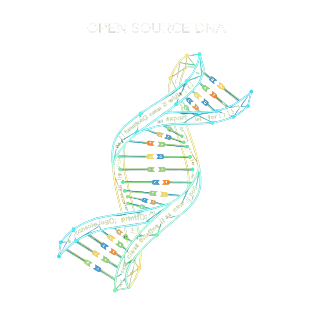 DNA double helix graphic with programming code snippets integrated into its structure