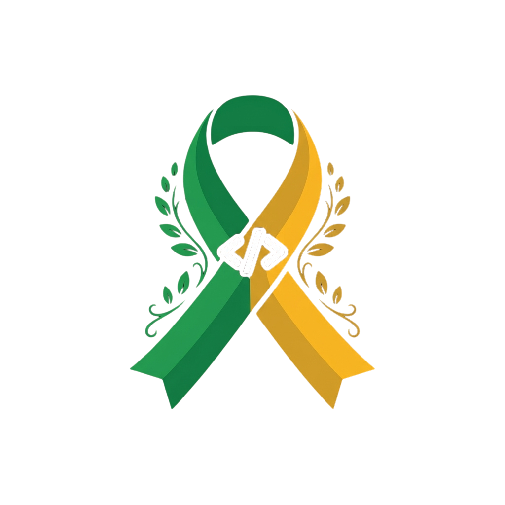 Awareness ribbon in green and yellow with leaf patterns and a right arrow symbol in center