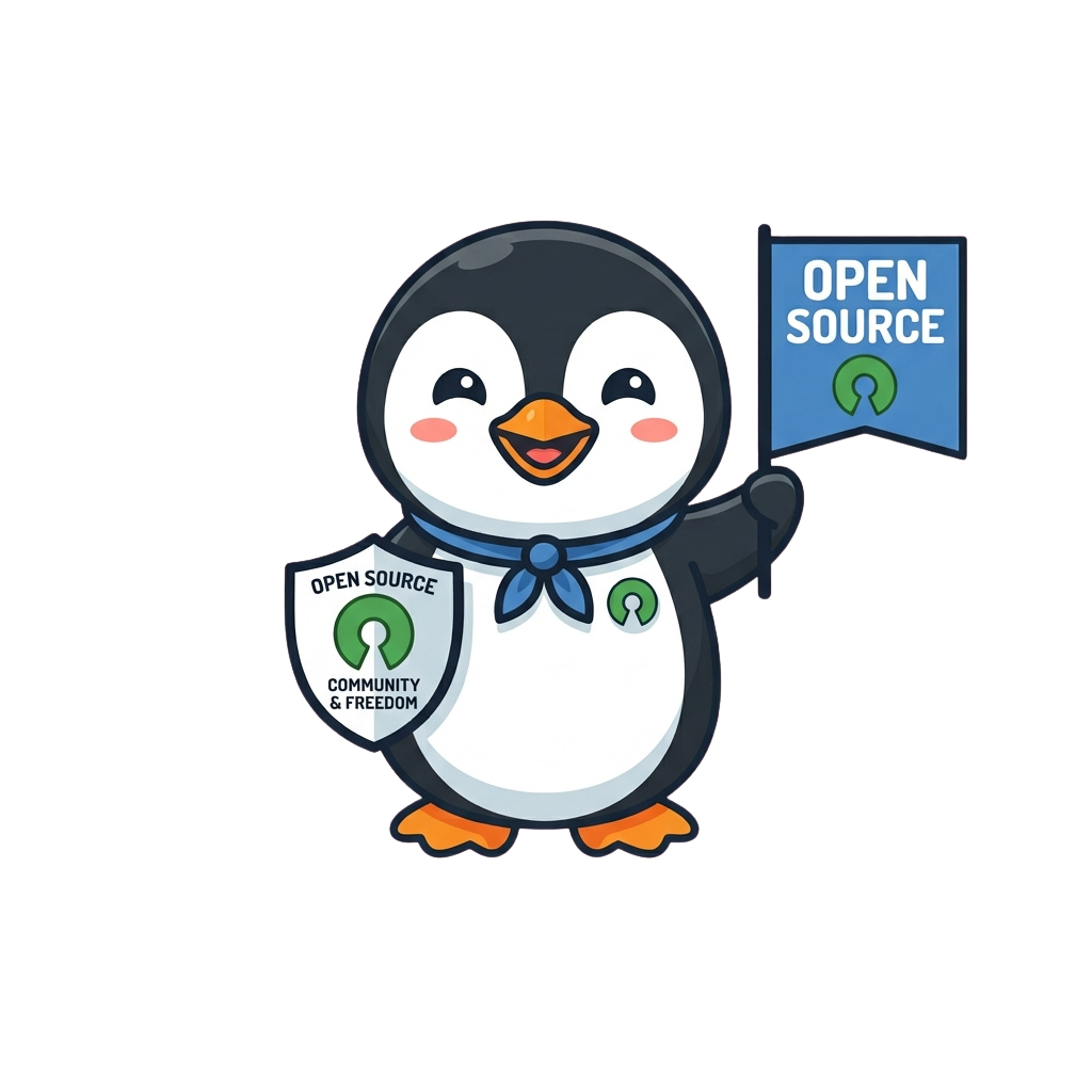 Smiling cartoon penguin holding an open source flag and shield with community freedom symbols