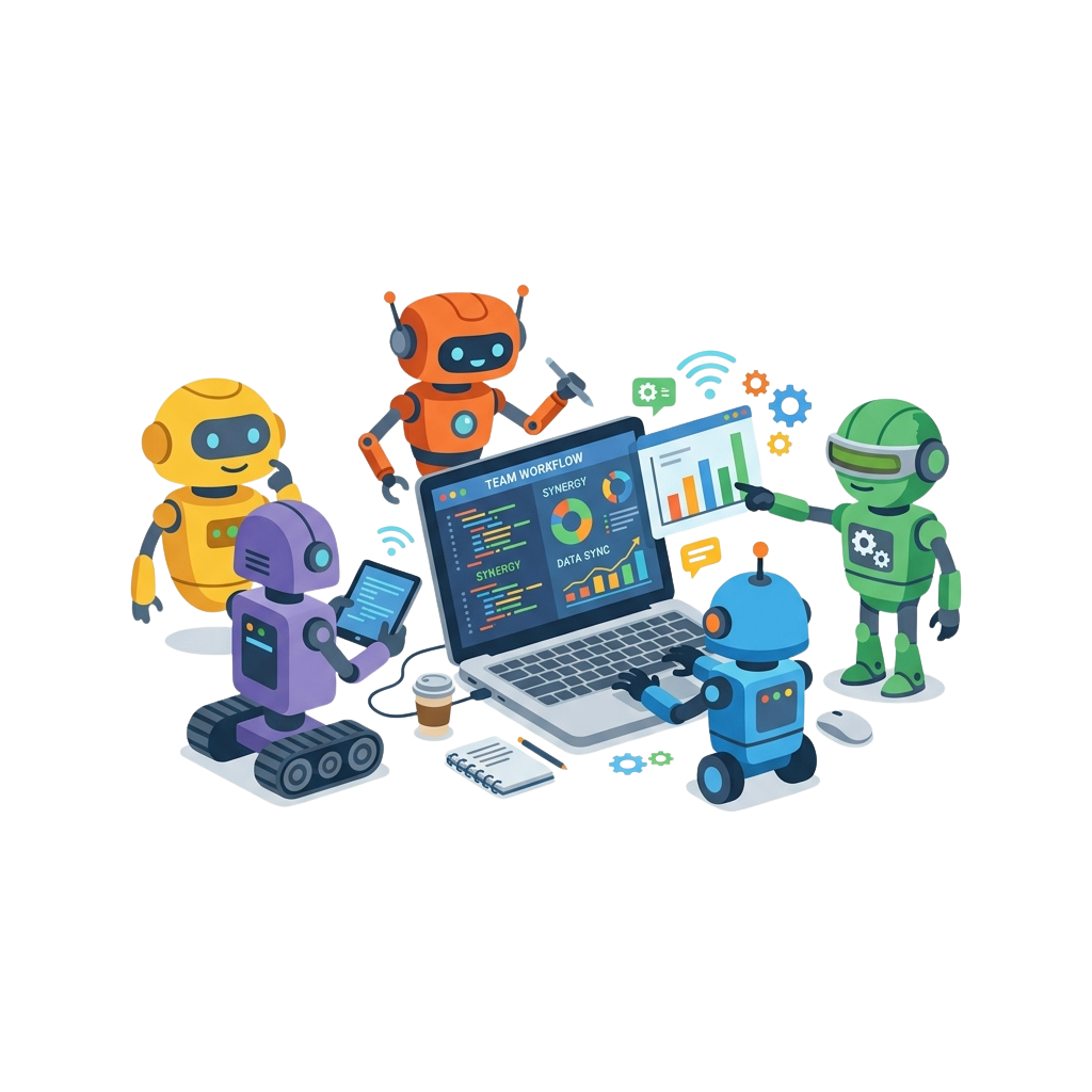 Four colorful robots working together around a laptop showing team workflow and data sync charts