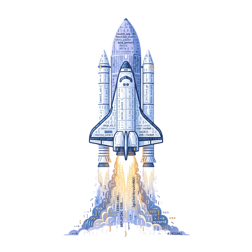 Illustration of a space shuttle made of code snippets and programming text, launching with flames at the base