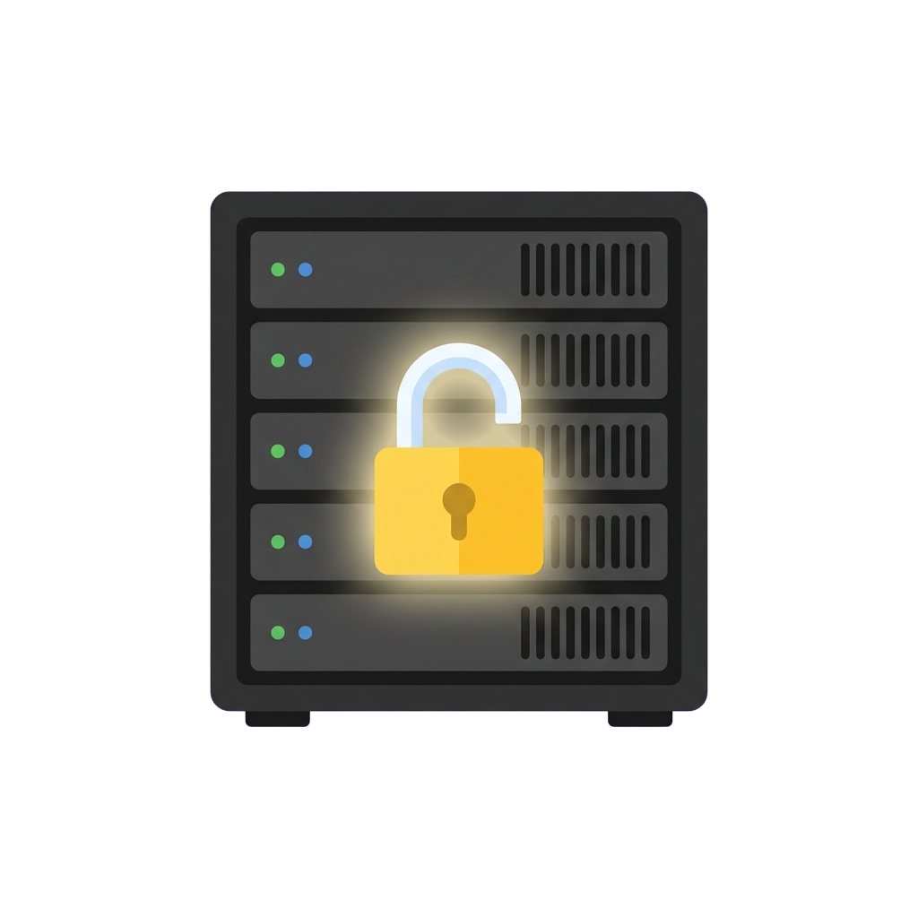 A server rack with a glowing yellow lock symbolizing data security and protection.
