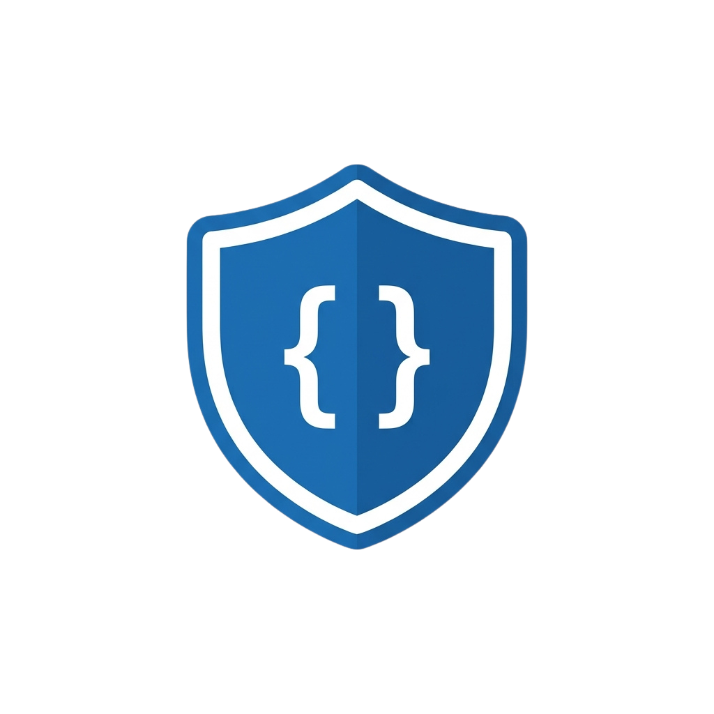 A blue shield with white code braces symbolizing secure coding or cybersecurity.