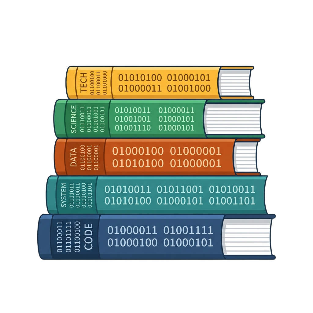 Five vertically stacked books labeled Tech, Science, Data, System, and Code with binary code patterns on their spines