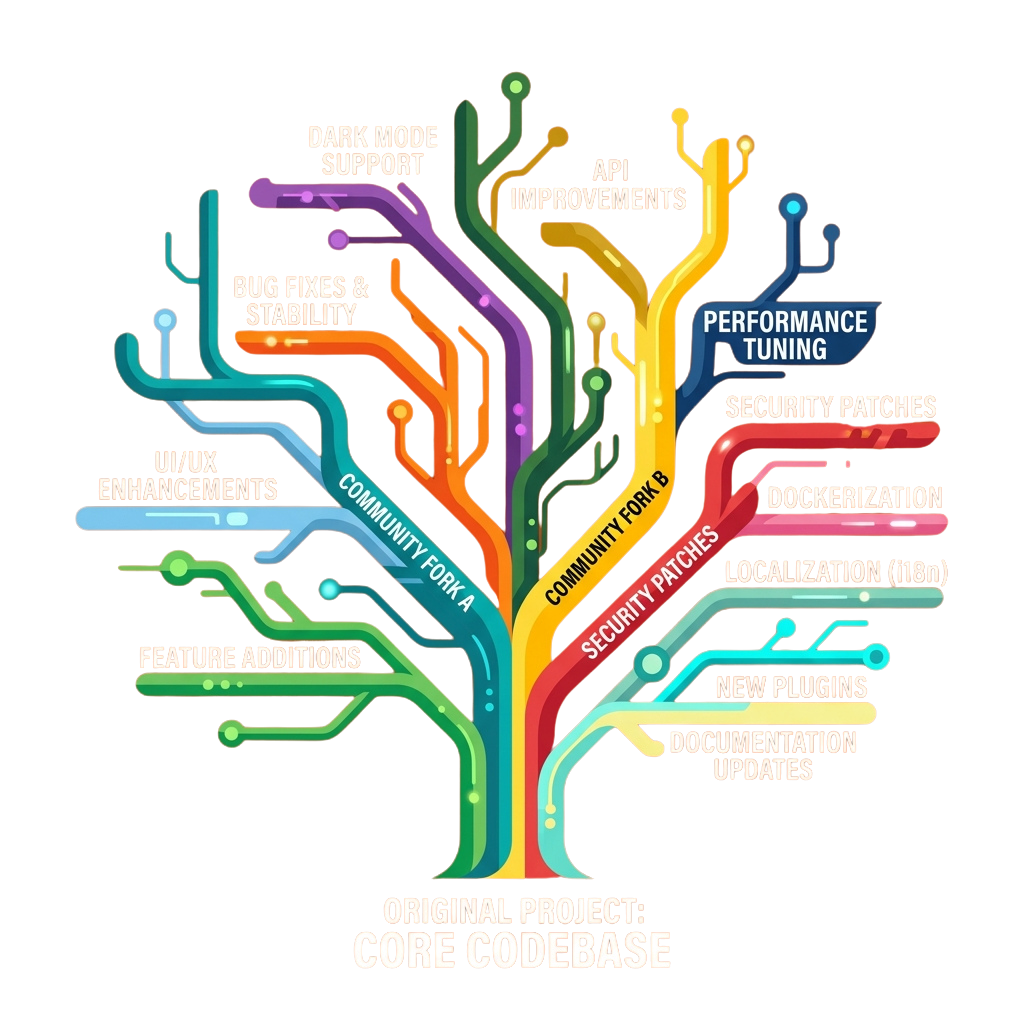 Colorful tree diagram illustrating community forks and various improvements in software development from a core codebase.