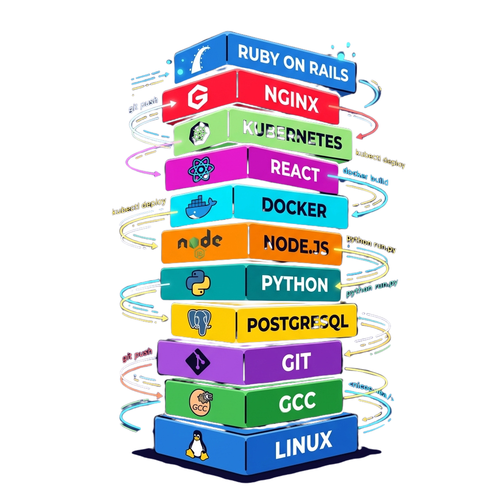 Stacked blocks illustrating the integration of various development tools like Linux, GCC, Git, PostgreSQL, Python, Node.js, Docker, React, Kubernetes, NGINX, and Ruby on Rails.