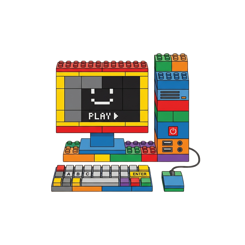 Colorful LEGO-style computer monitor displaying a pixelated smiley face and word PLAY, with keyboard and mouse