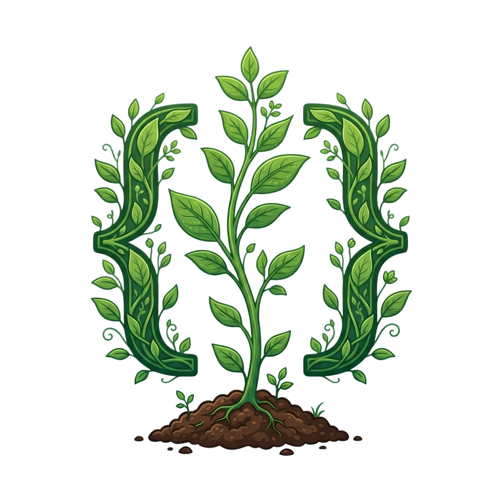 Illustration of the letter F composed of green plants and leaves growing from soil.