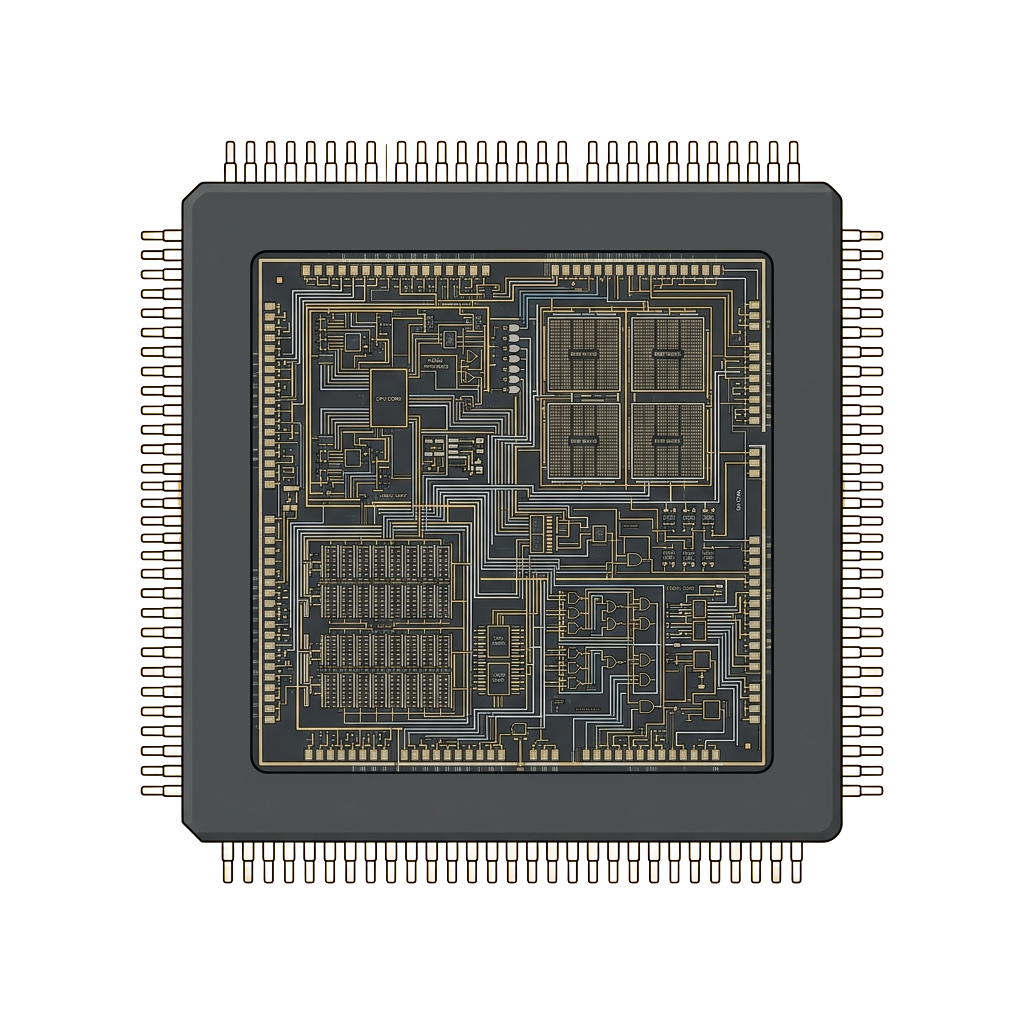 Close-up image of a complex electronic chip with intricate golden circuit patterns on a dark background